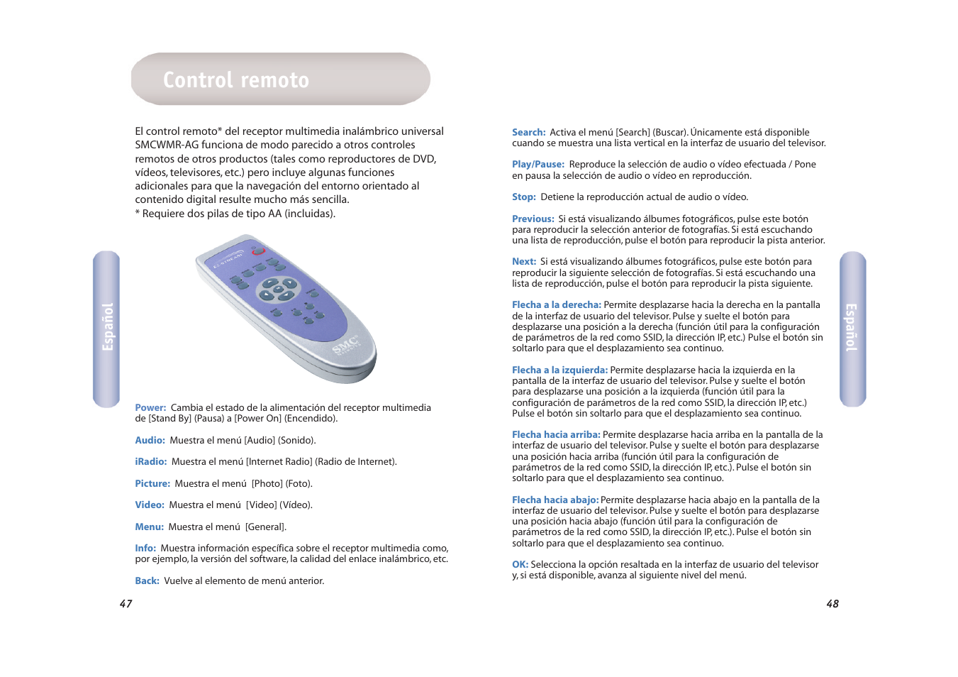 Control remoto, Español | SMC Networks EZ-Stream SMCWMR-AG User Manual | Page 25 / 60