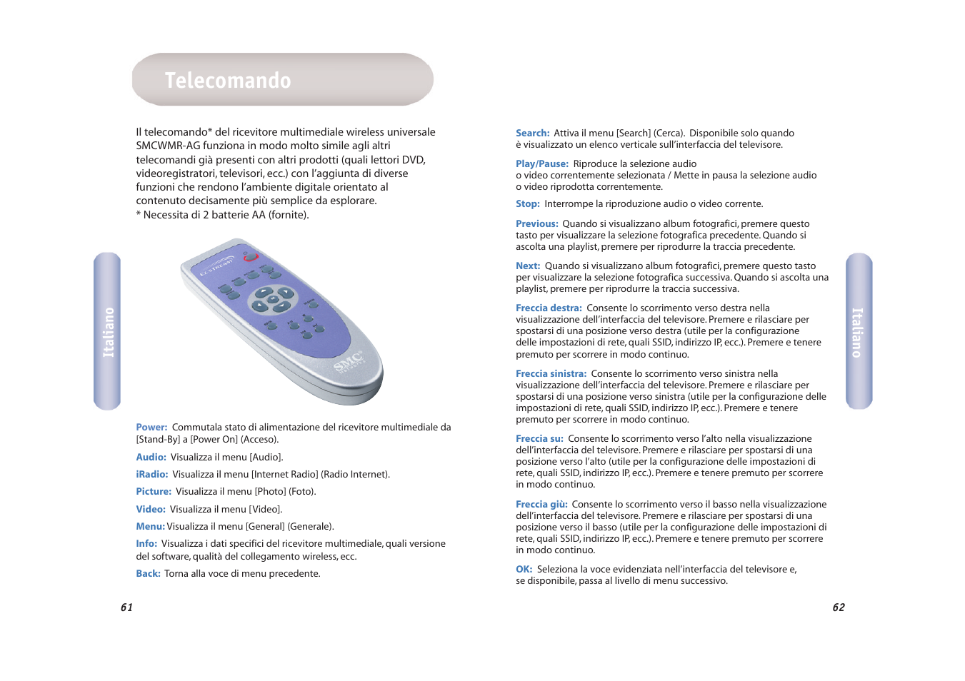 Telecomando, Italiano | SMC Networks EZ-Stream SMCWMR-AG User Manual | Page 32 / 60