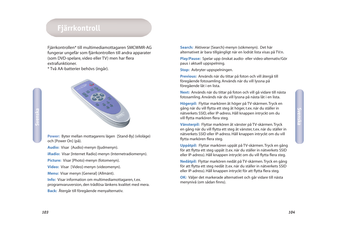 Fjärrkontroll | SMC Networks EZ-Stream SMCWMR-AG User Manual | Page 53 / 60