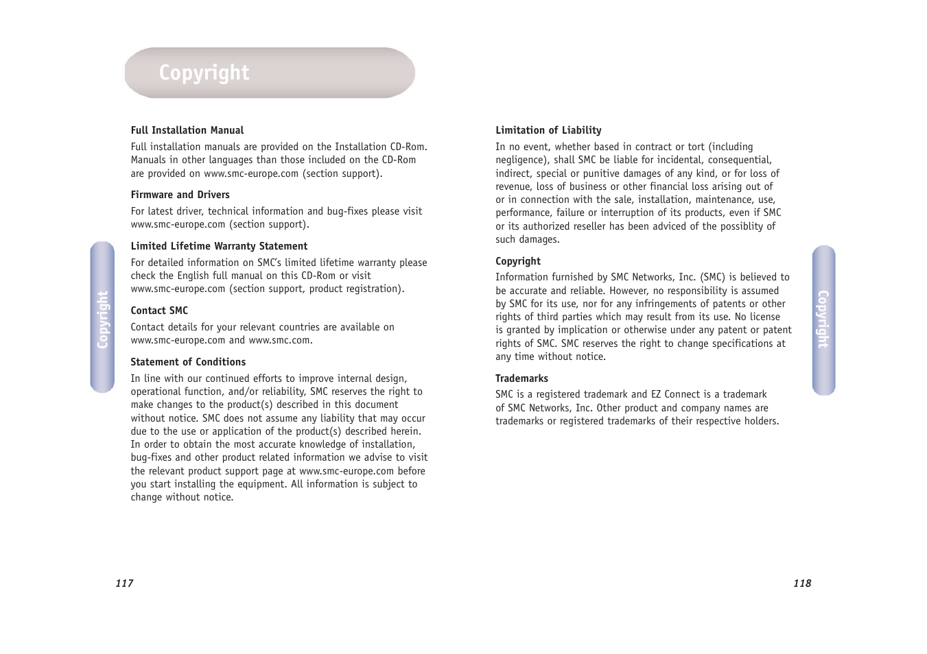 Copyright | SMC Networks EZ-Stream SMCWMR-AG User Manual | Page 60 / 60