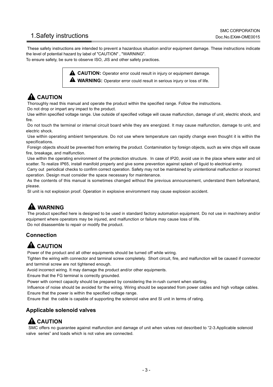 Safety instructions | SMC Networks EX120-SDN1 User Manual | Page 3 / 13