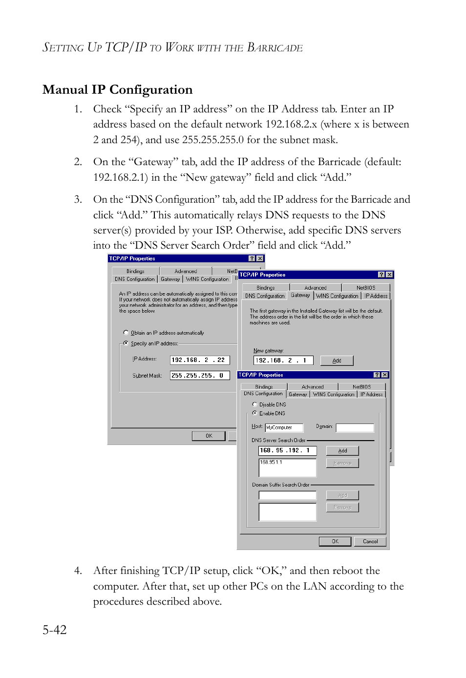 Manual ip configuration, Tcp/ip, 42 manual ip configuration | SMC Networks SMC Barricade SMC7004VBR User Manual | Page 106 / 122