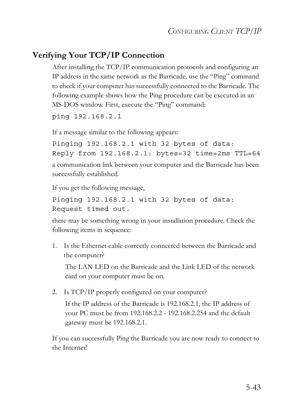 Verifying your tcp/ip connection, Tcp/ip 5-43 verifying your tcp/ip connection | SMC Networks SMC Barricade SMC7004VBR User Manual | Page 107 / 122