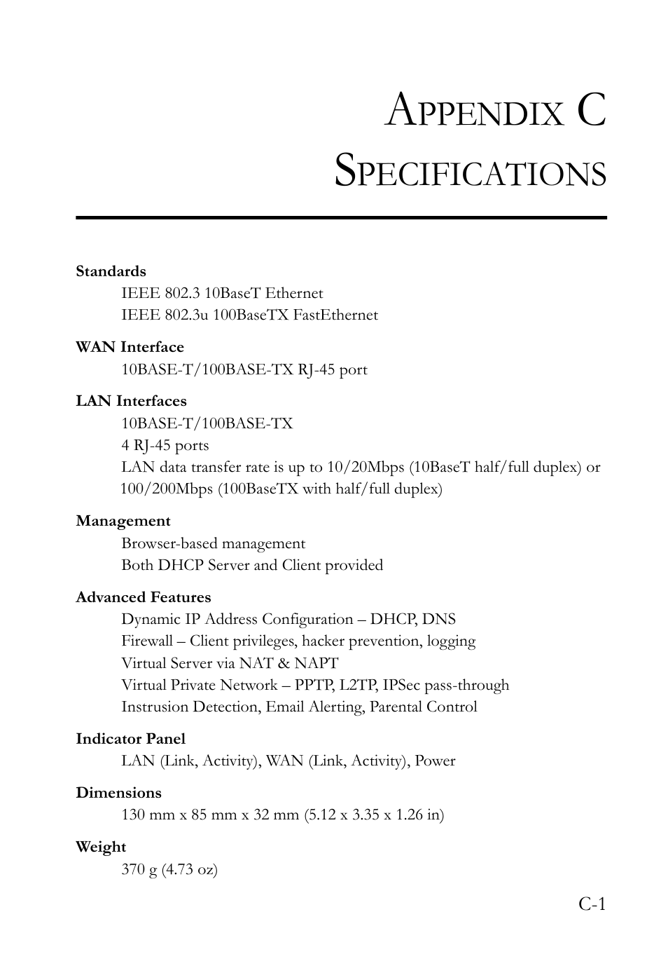 Appendix c specifications, Ppendix, Pecifications | SMC Networks SMC Barricade SMC7004VBR User Manual | Page 117 / 122