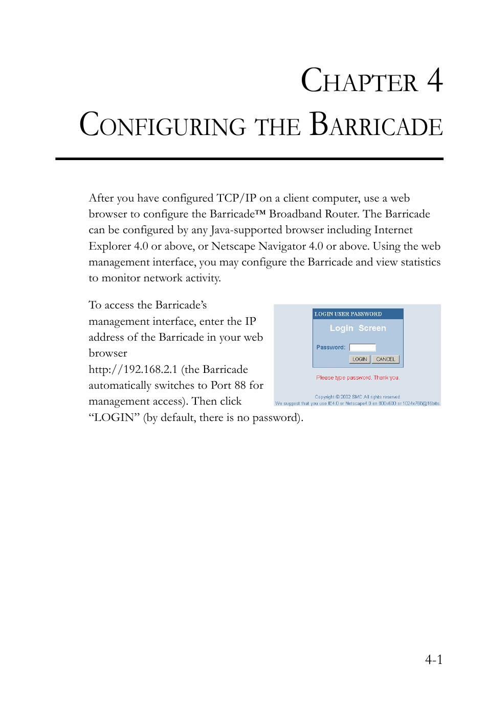 Chapter 4 configuring the barricade | SMC Networks SMC Barricade SMC7004VBR User Manual | Page 29 / 122