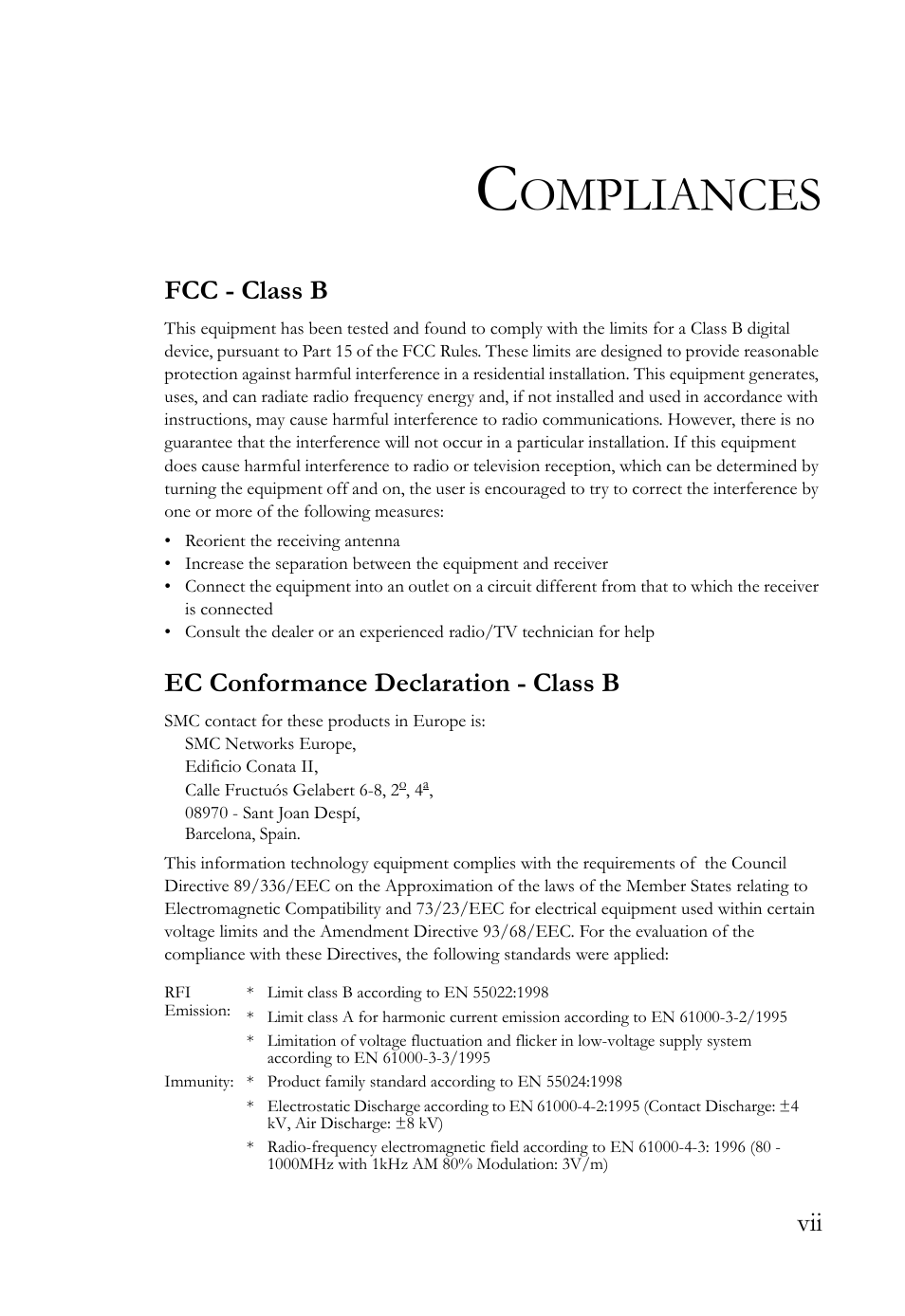 Ompliances, Fcc - class b, Ec conformance declaration - class b | SMC Networks SMC Barricade SMC7004VBR User Manual | Page 7 / 122