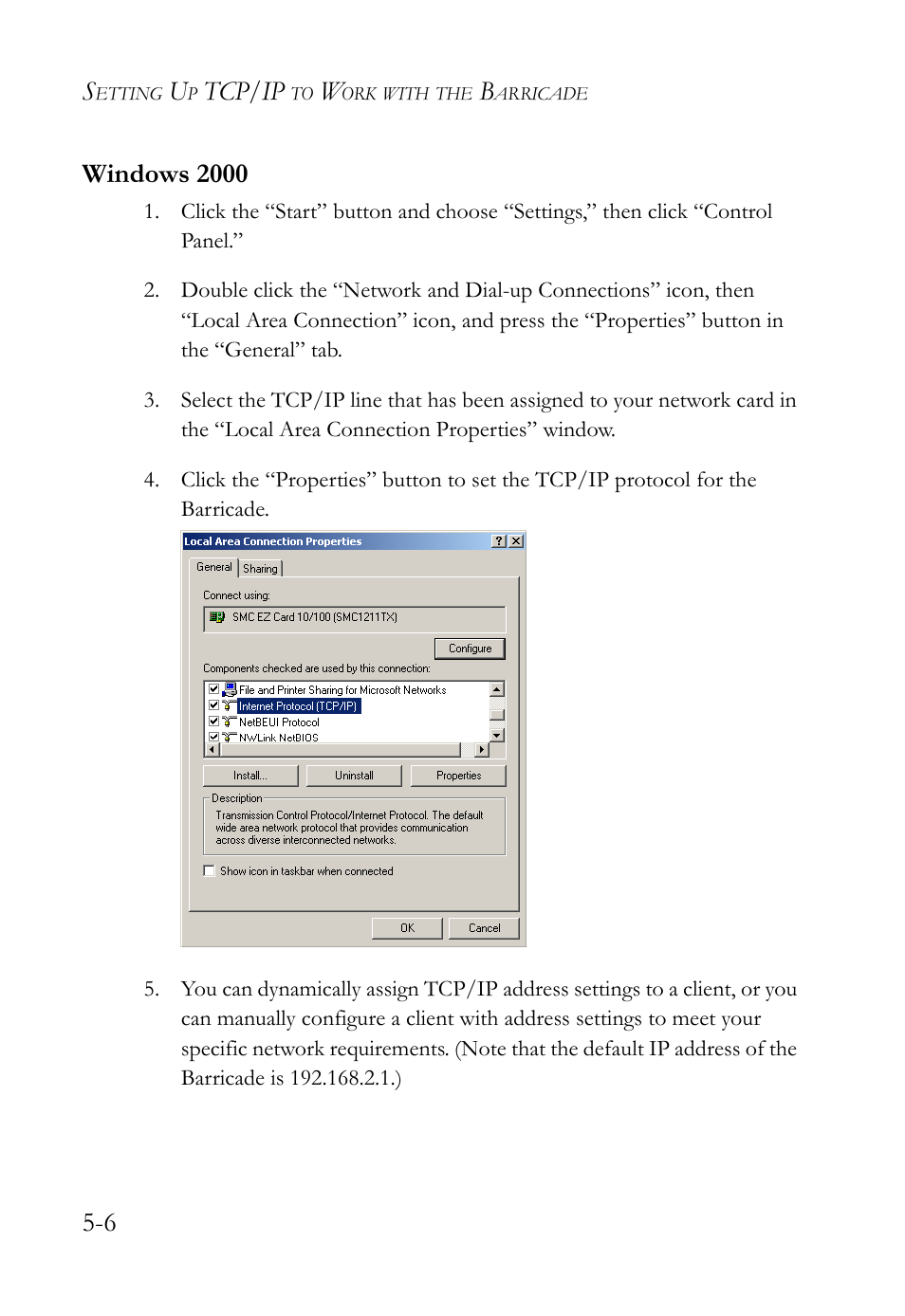 Windows 2000, Tcp/ip | SMC Networks SMC Barricade SMC7004VBR User Manual | Page 70 / 122