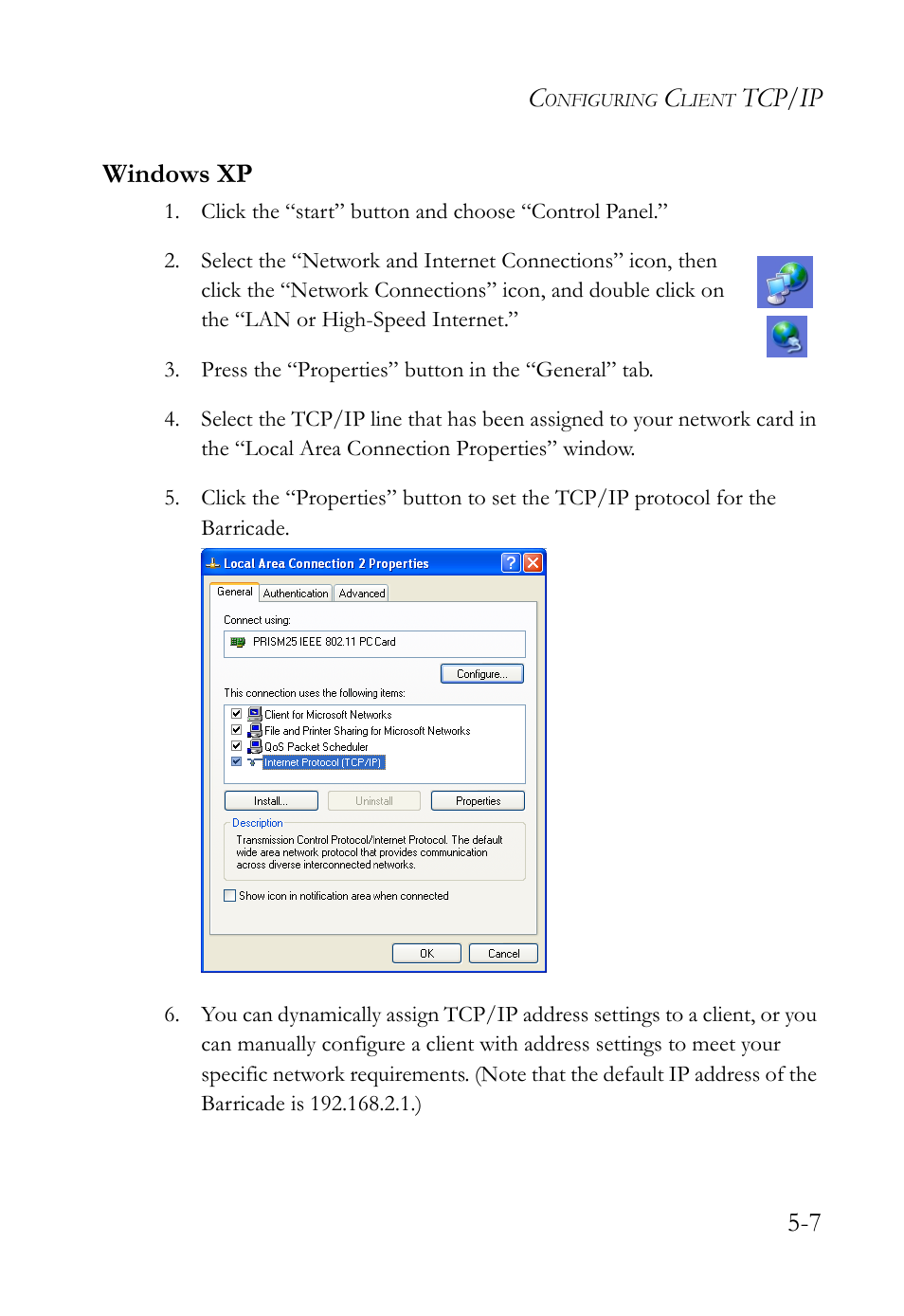 Windows xp, Tcp/ip 5-7 windows xp | SMC Networks SMC Barricade SMC7004VBR User Manual | Page 71 / 122