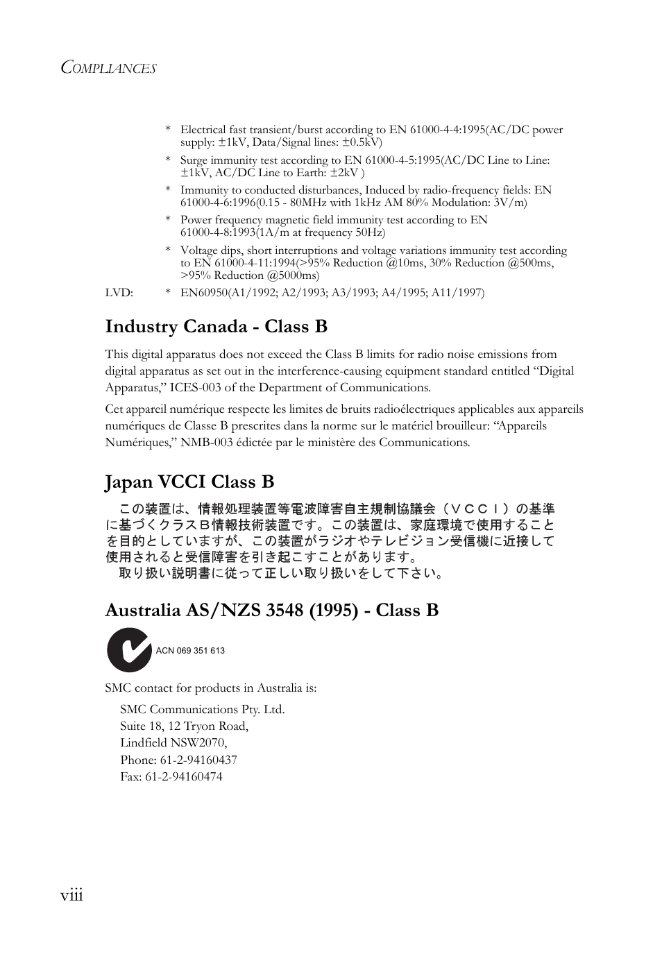 Viii industry canada - class b | SMC Networks SMC Barricade SMC7004VBR User Manual | Page 8 / 122