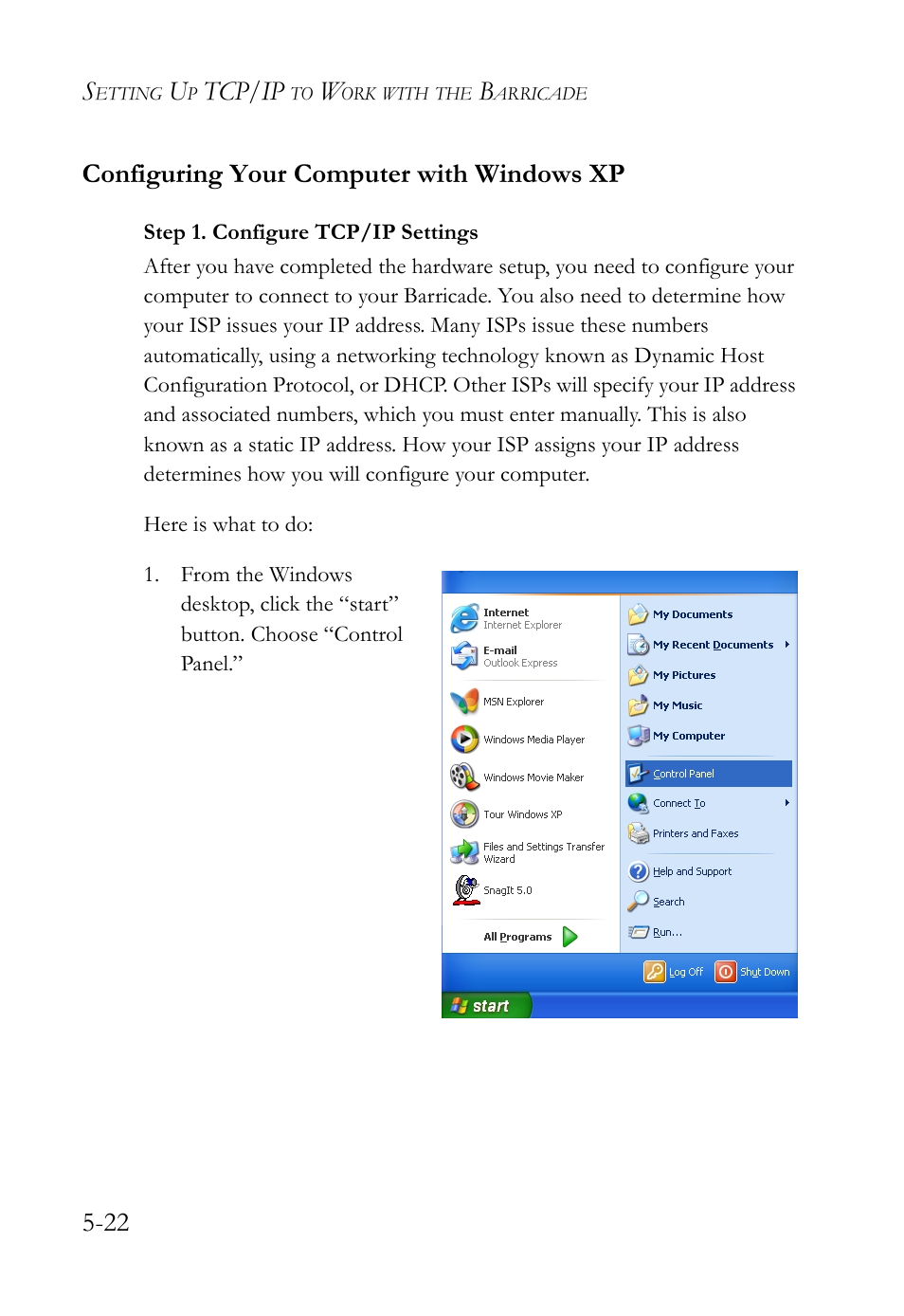 Configuring your computer with windows xp, Tcp/ip, 22 configuring your computer with windows xp | SMC Networks SMC Barricade SMC7004VBR User Manual | Page 86 / 122