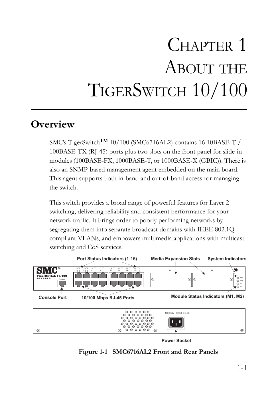 Chapter 1 about the tigerswitch 10/100, Overview, About the tigerswitch 10/100 -1 | Figure 1-1, Smc6716al2 front and rear panels -1, Hapter, Bout, Iger, Witch | SMC Networks 10/100 User Manual | Page 21 / 86