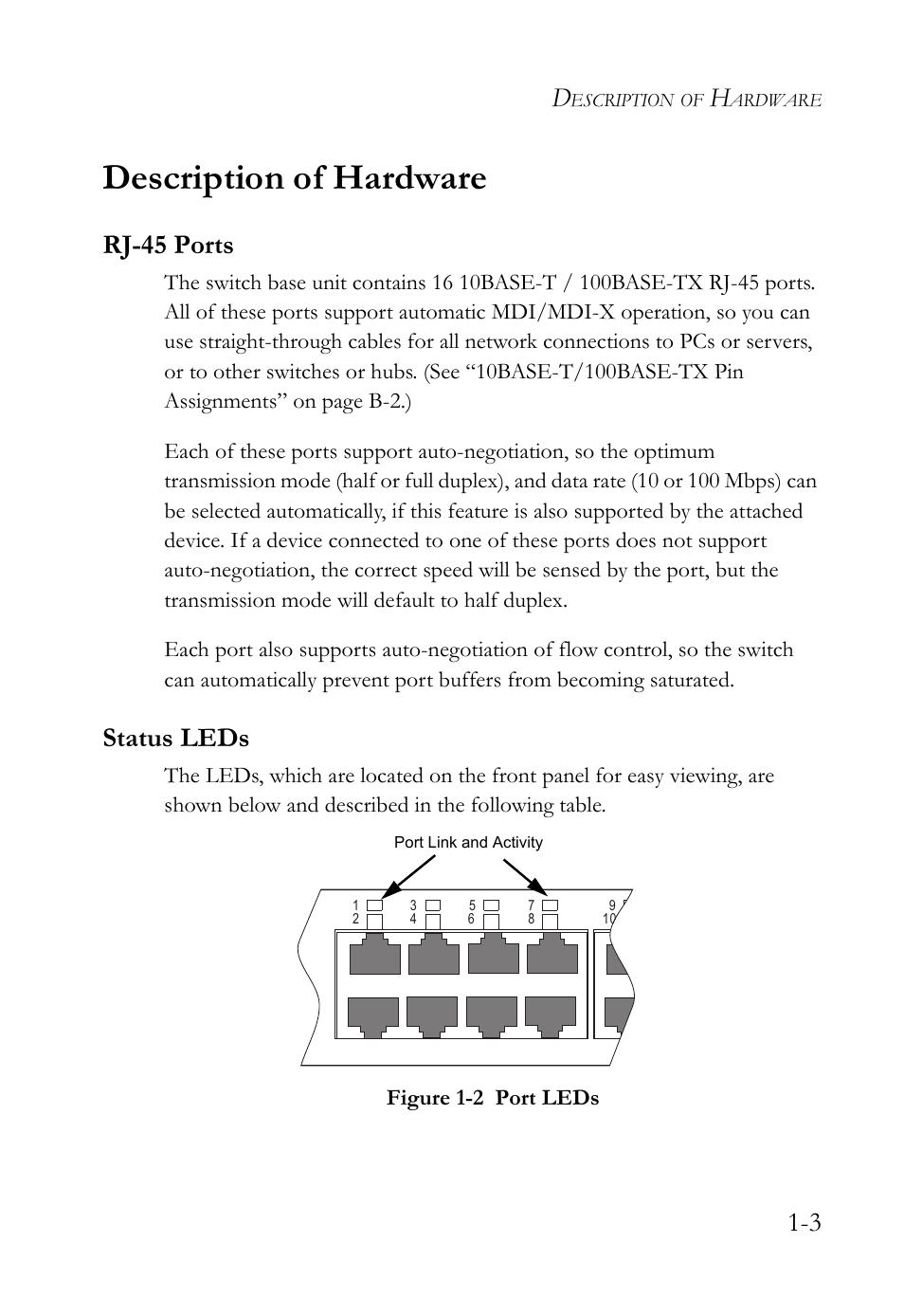 Description of hardware, Rj-45 ports, Status leds | Description of hardware -3, Rj-45 ports -3 status leds -3, Figure 1-2, Port leds -3 | SMC Networks 10/100 User Manual | Page 23 / 86