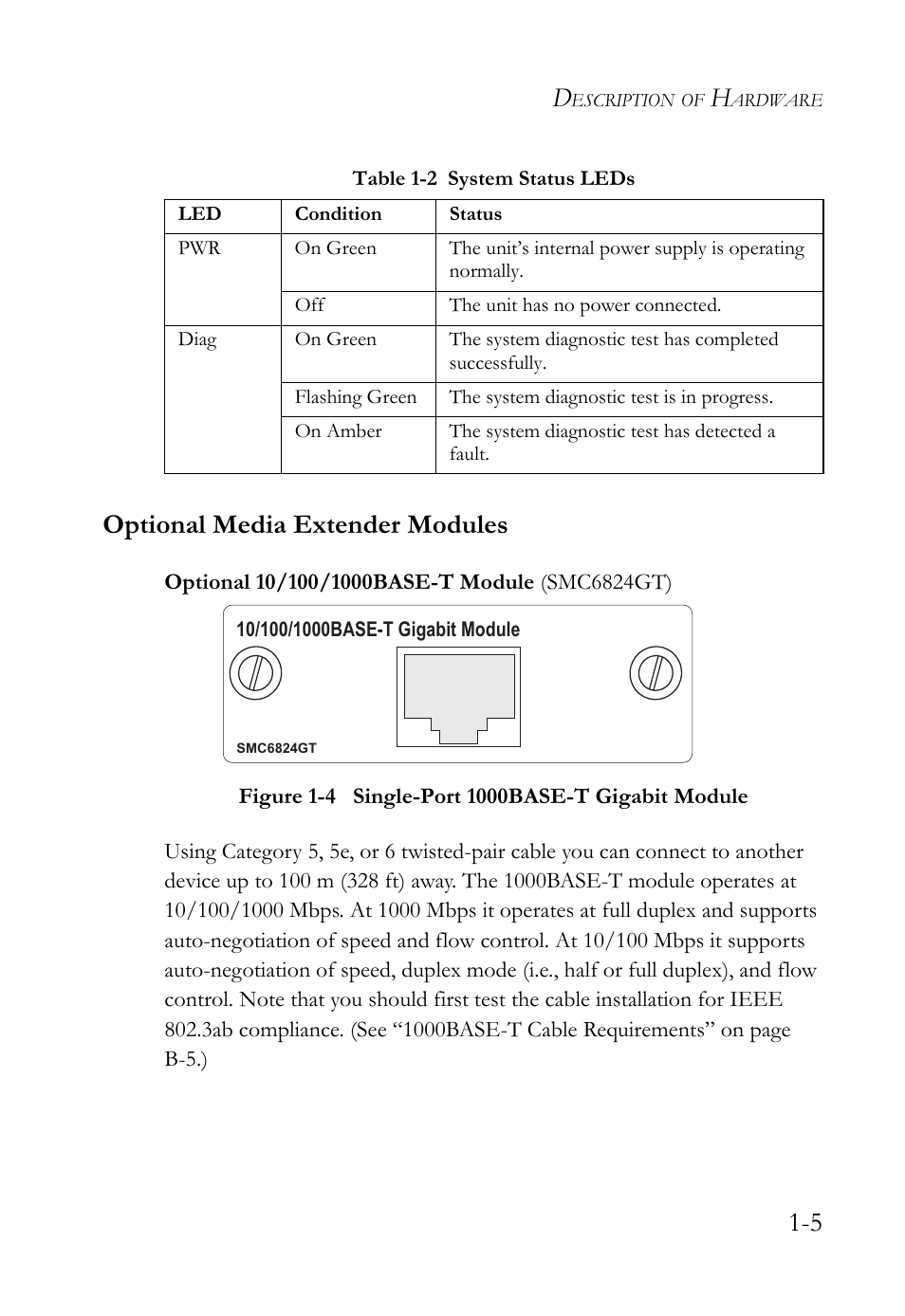 Optional media extender modules, Optional 10/100/1000base-t module (smc6824gt), Optional media extender modules -5 | Table 1-2 system status leds -5, Figure 1-4, Single-port 1000base-t gigabit module -5, 5 optional media extender modules | SMC Networks 10/100 User Manual | Page 25 / 86