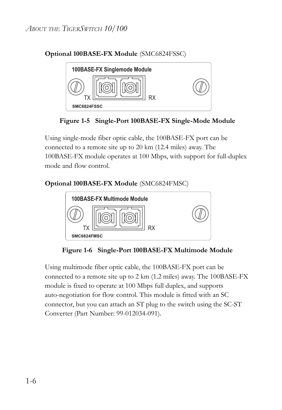Optional 100base-fx module (smc6824fssc), Optional 100base-fx module (smc6824fmsc), Figure 1-5 | Single-port 100base-fx single-mode module -6, Figure 1-6, Single-port 100base-fx multimode module -6 | SMC Networks 10/100 User Manual | Page 26 / 86