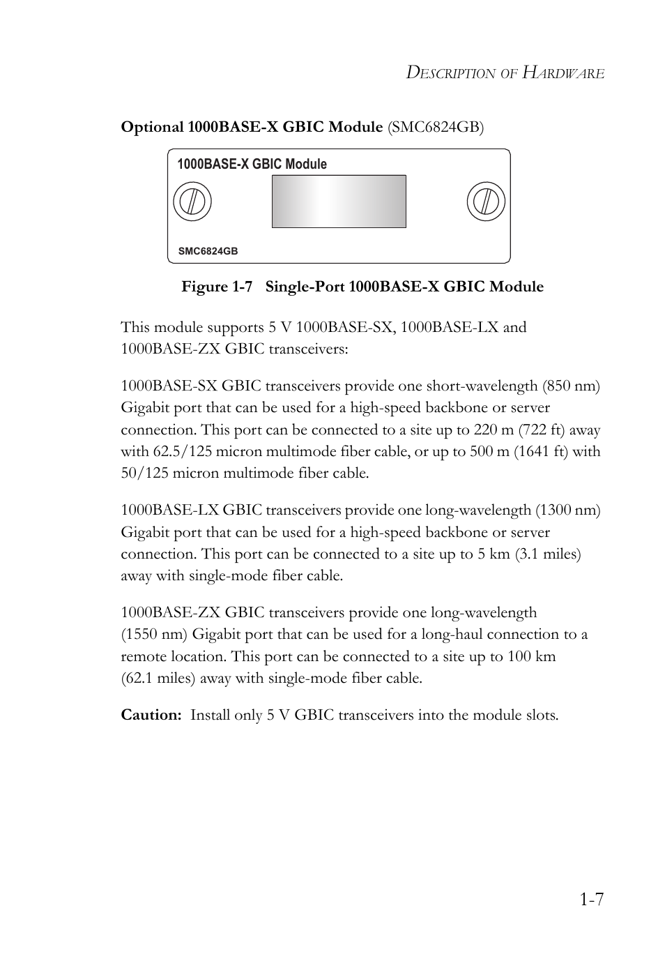 Optional 1000base-x gbic module (smc6824gb), Figure 1-7, Single-port 1000base-x gbic module -7 | SMC Networks 10/100 User Manual | Page 27 / 86