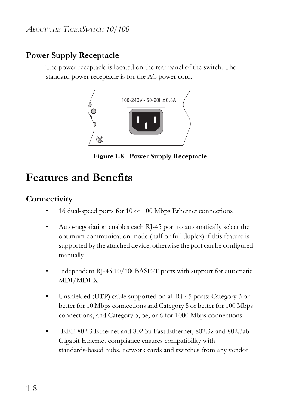 Power supply receptacle, Features and benefits, Connectivity | Power supply receptacle -8, Features and benefits -8, Connectivity -8, Figure 1-8 | SMC Networks 10/100 User Manual | Page 28 / 86