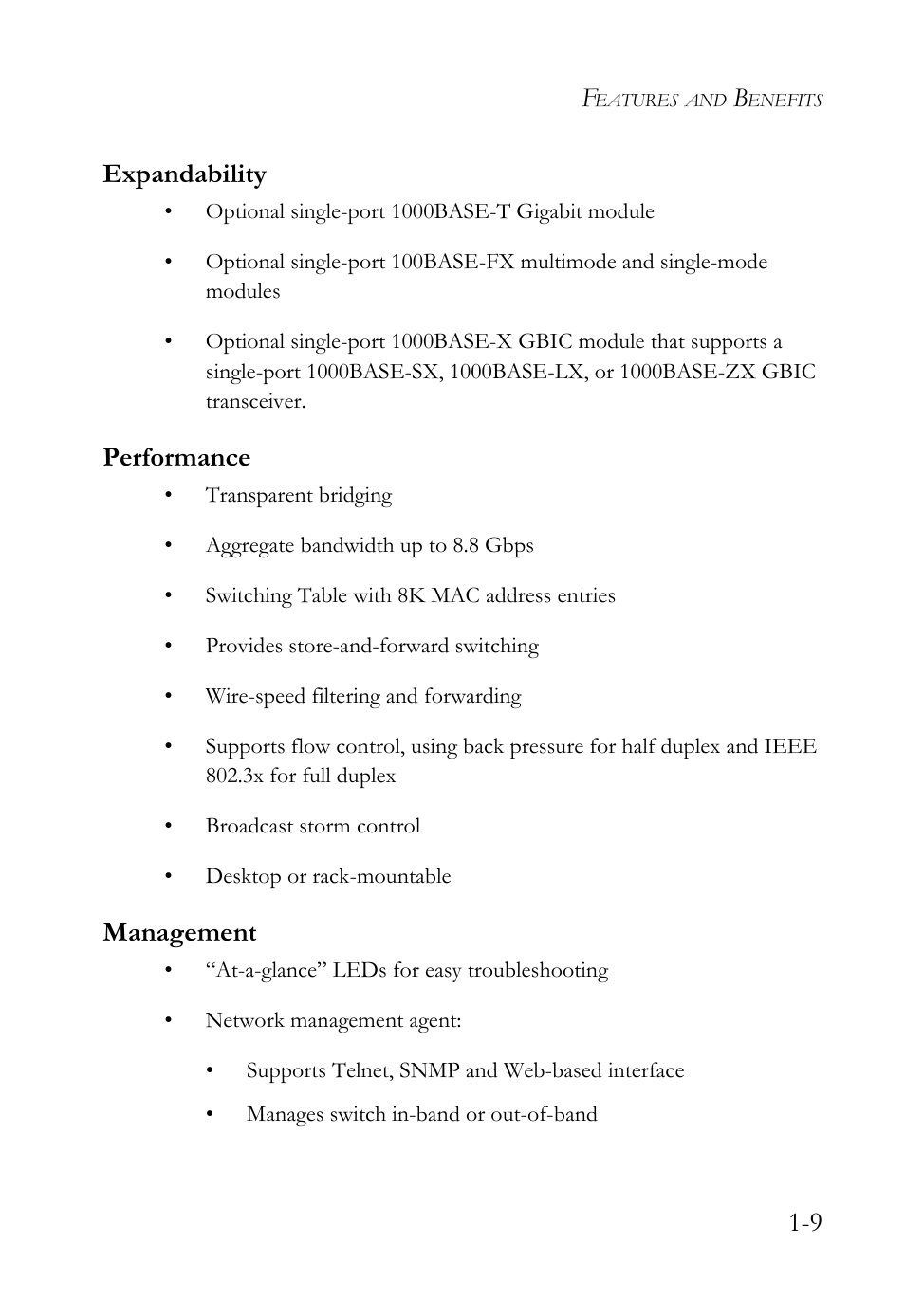 Expandability, Performance, Management | Expandability -9 performance -9 management -9, 9 expandability | SMC Networks 10/100 User Manual | Page 29 / 86