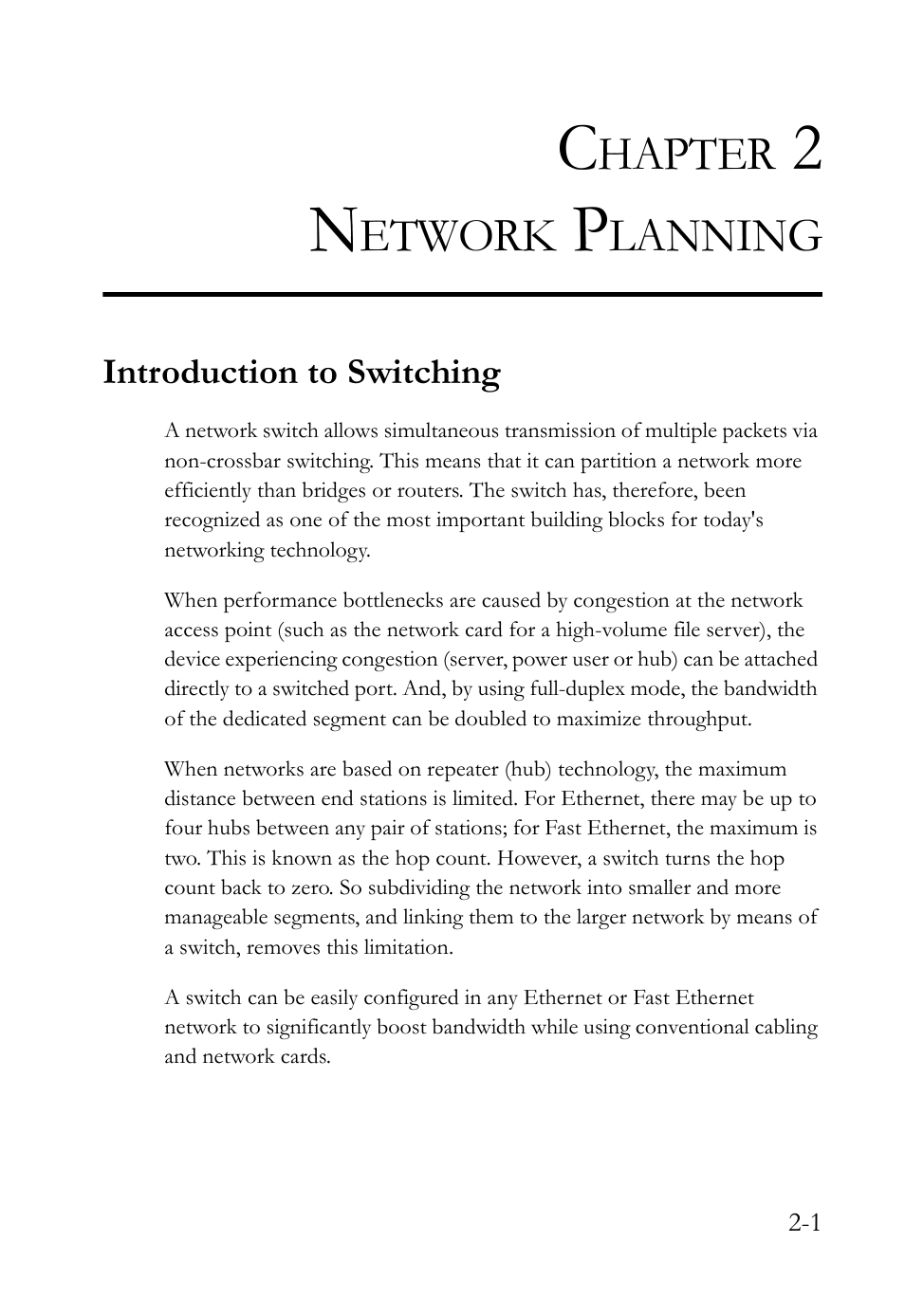 Chapter 2 network planning, Introduction to switching, Network planning -1 | Introduction to switching -1, Hapter, Etwork, Lanning | SMC Networks 10/100 User Manual | Page 31 / 86