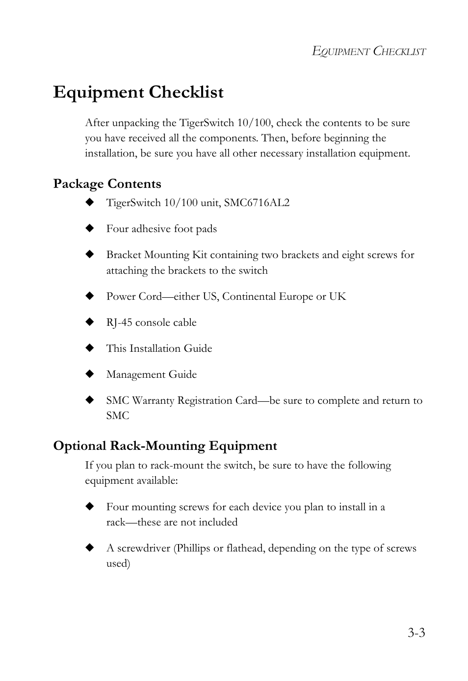 Equipment checklist, Package contents, Optional rack-mounting equipment | Equipment checklist -3 | SMC Networks 10/100 User Manual | Page 39 / 86