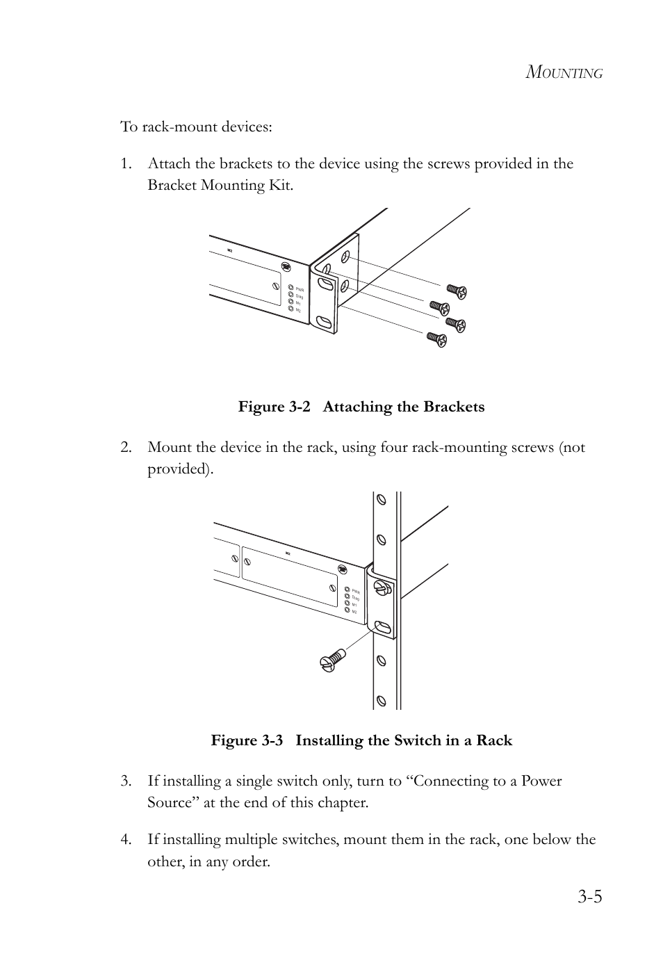 Figure 3-2, Attaching the brackets -5, Figure 3-3 | Installing the switch in a rack -5 | SMC Networks 10/100 User Manual | Page 41 / 86