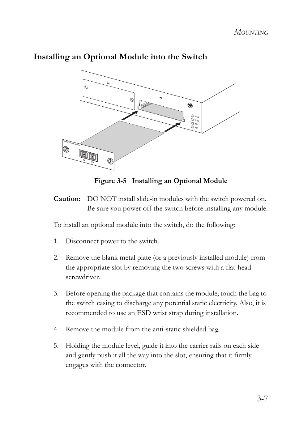 Installing an optional module into the switch, Installing an optional module into the switch -7, Figure 3-5 | Installing an optional module -7, 7 installing an optional module into the switch | SMC Networks 10/100 User Manual | Page 43 / 86