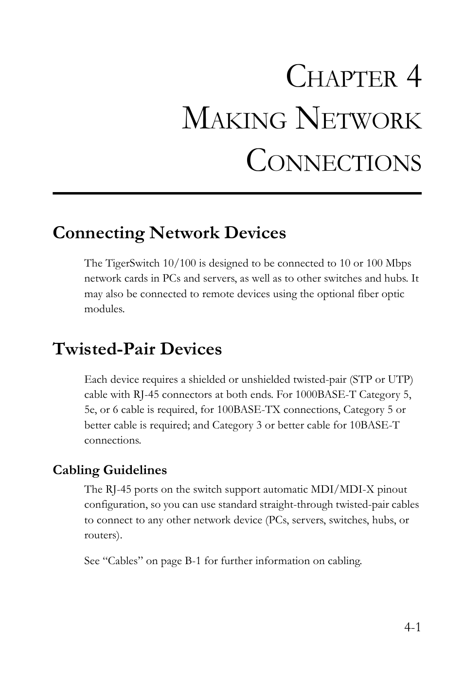 Chapter 4 making network connections, Connecting network devices, Twisted-pair devices | Cabling guidelines, Making network connections -1, Cabling guidelines -1, Hapter, Aking, Etwork, Onnections | SMC Networks 10/100 User Manual | Page 47 / 86