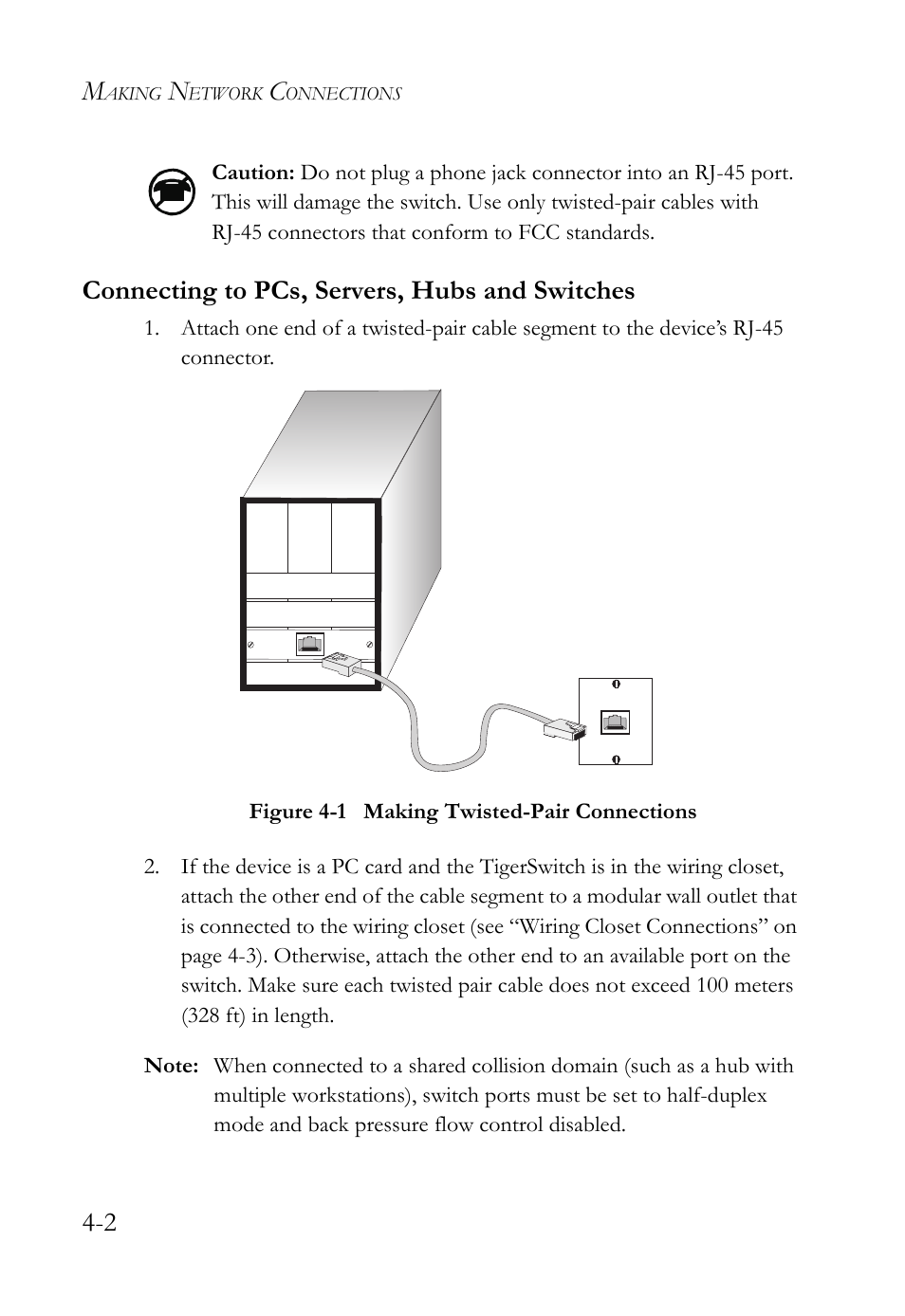 Connecting to pcs, servers, hubs and switches, Connecting to pcs, servers, hubs and switches -2, Figure 4-1 | Making twisted-pair connections -2 | SMC Networks 10/100 User Manual | Page 48 / 86