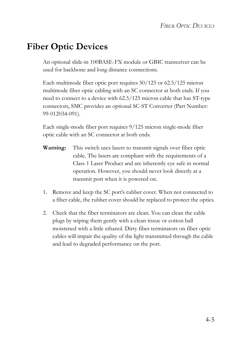 Fiber optic devices, Fiber optic devices -5 | SMC Networks 10/100 User Manual | Page 51 / 86