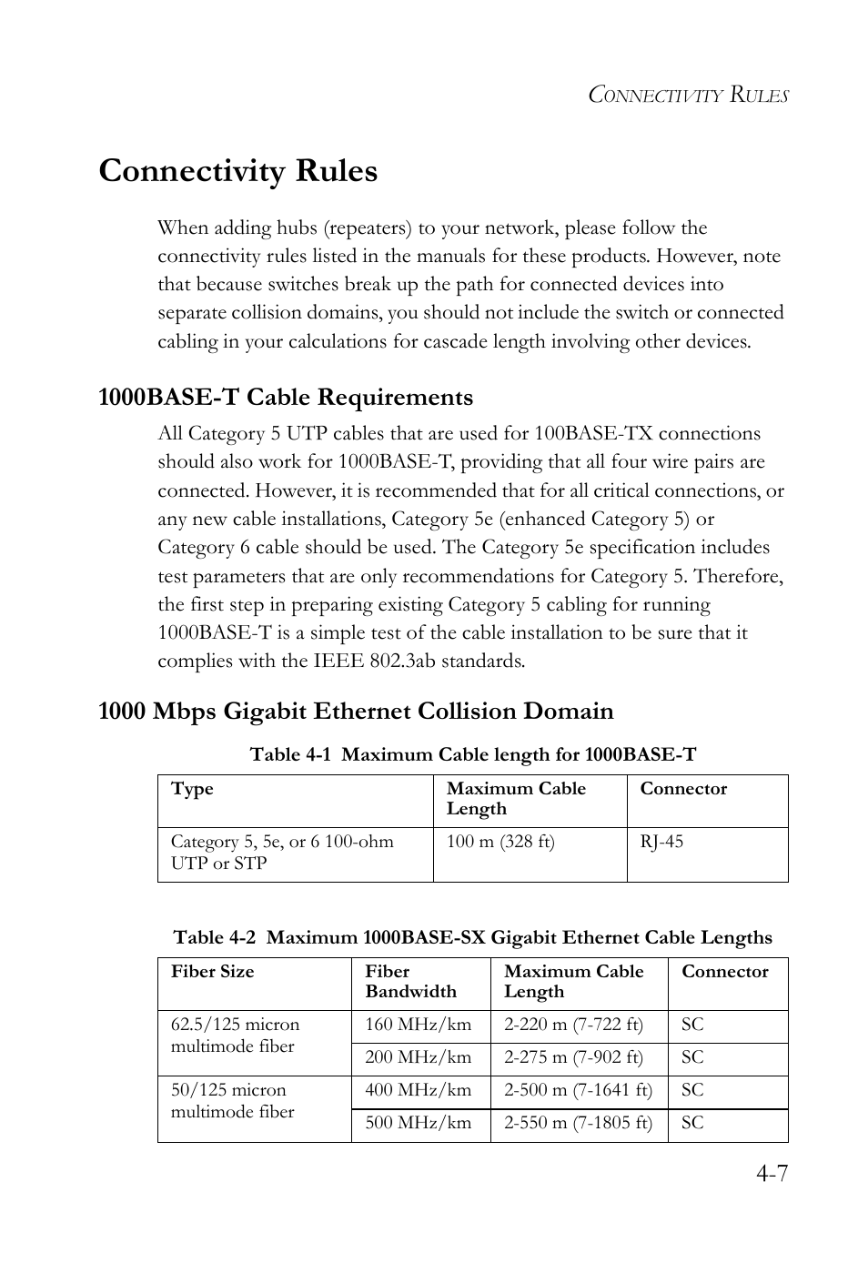 Connectivity rules, 1000base-t cable requirements, 1000 mbps gigabit ethernet collision domain | Connectivity rules -7 | SMC Networks 10/100 User Manual | Page 53 / 86