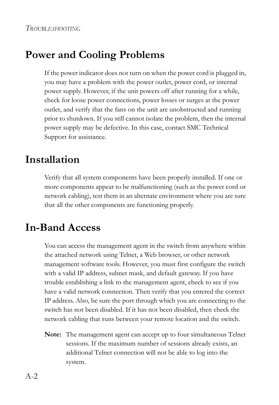 Power and cooling problems, Installation, In-band access | SMC Networks 10/100 User Manual | Page 58 / 86