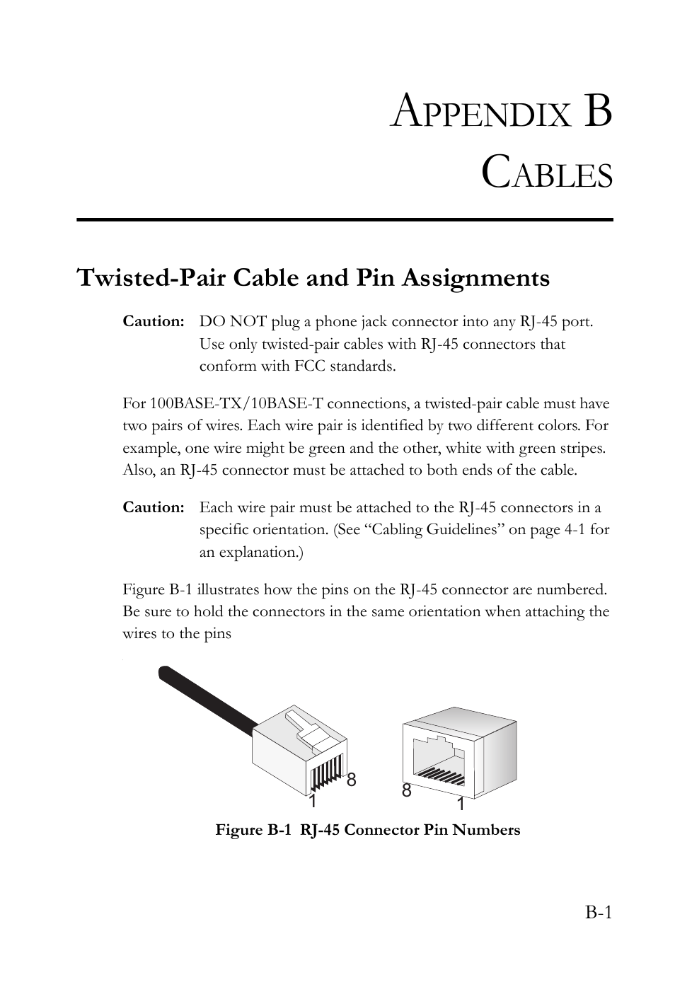 Appendix b cables, Twisted-pair cable and pin assignments, Figure b-1 | Ppendix, Ables | SMC Networks 10/100 User Manual | Page 59 / 86