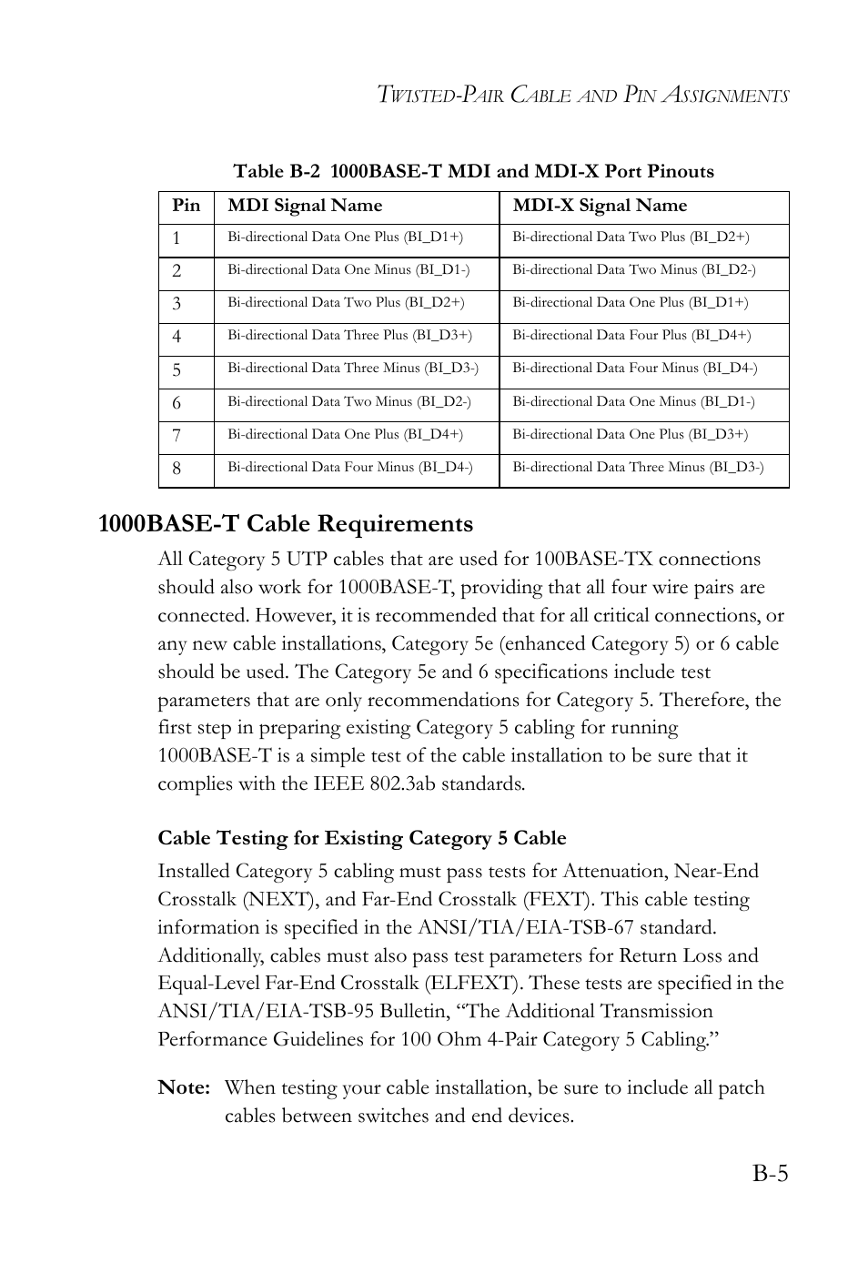 1000base-t cable requirements, Cable testing for existing category 5 cable | SMC Networks 10/100 User Manual | Page 63 / 86