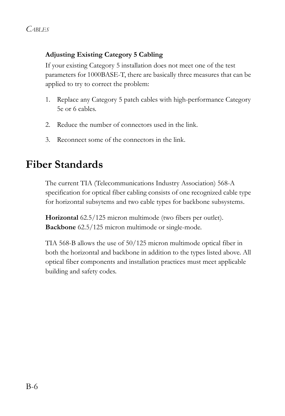 Adjusting existing category 5 cabling, Fiber standards | SMC Networks 10/100 User Manual | Page 64 / 86