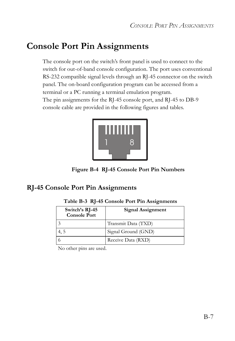 Console port pin assignments, Rj-45 console port pin assignments, Figure b-4 | SMC Networks 10/100 User Manual | Page 65 / 86