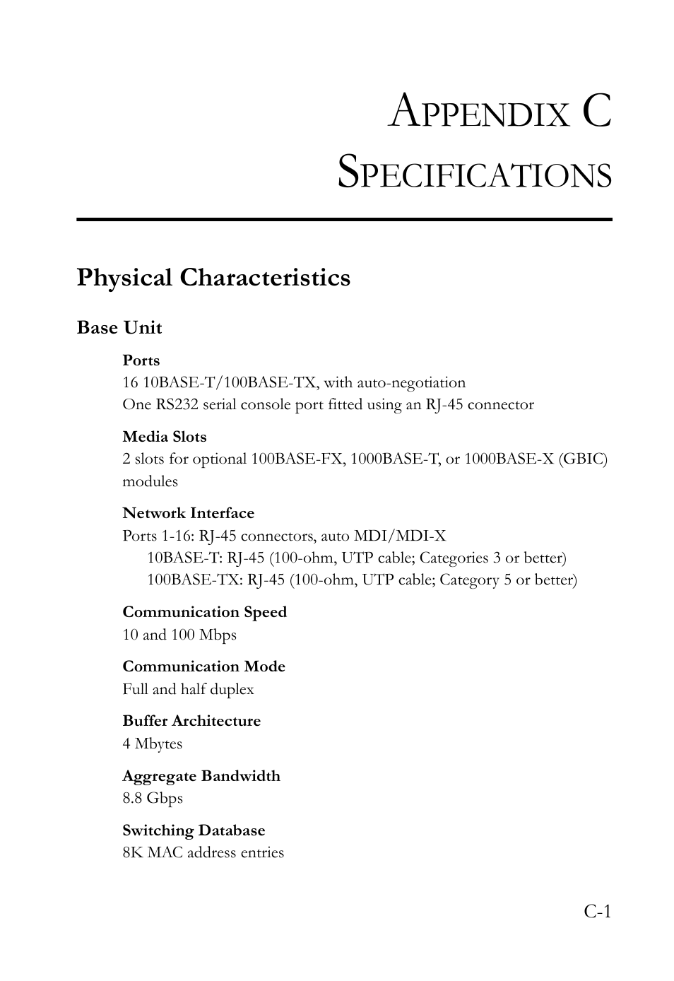 Appendix c specifications, Physical characteristics, Base unit | Ppendix, Pecifications | SMC Networks 10/100 User Manual | Page 67 / 86