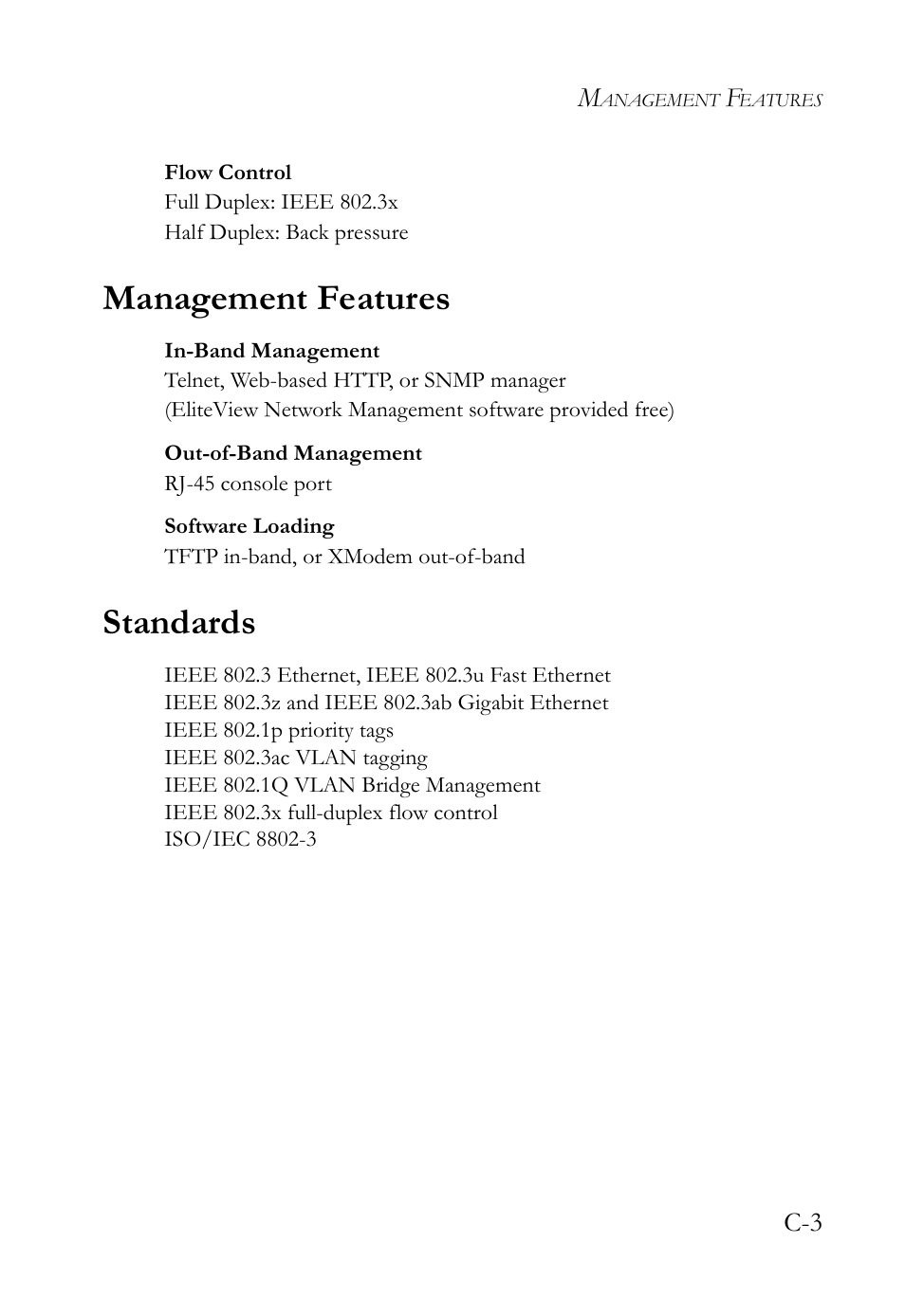 Management features, Standards | SMC Networks 10/100 User Manual | Page 69 / 86