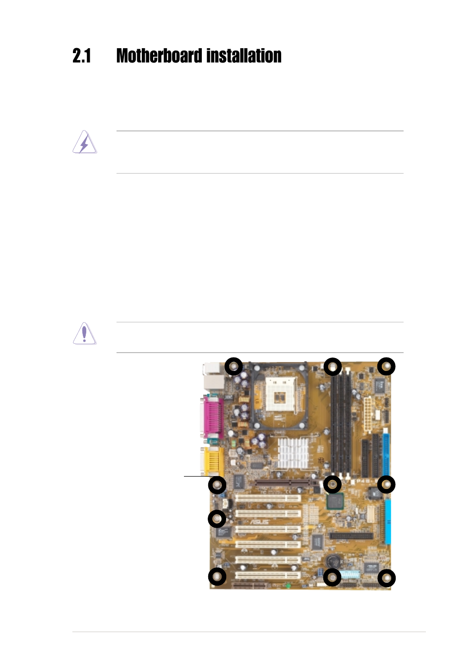 1 motherboard installation, 1 placement direction, 2 screw holes | Asus P4B-E User Manual | Page 23 / 128