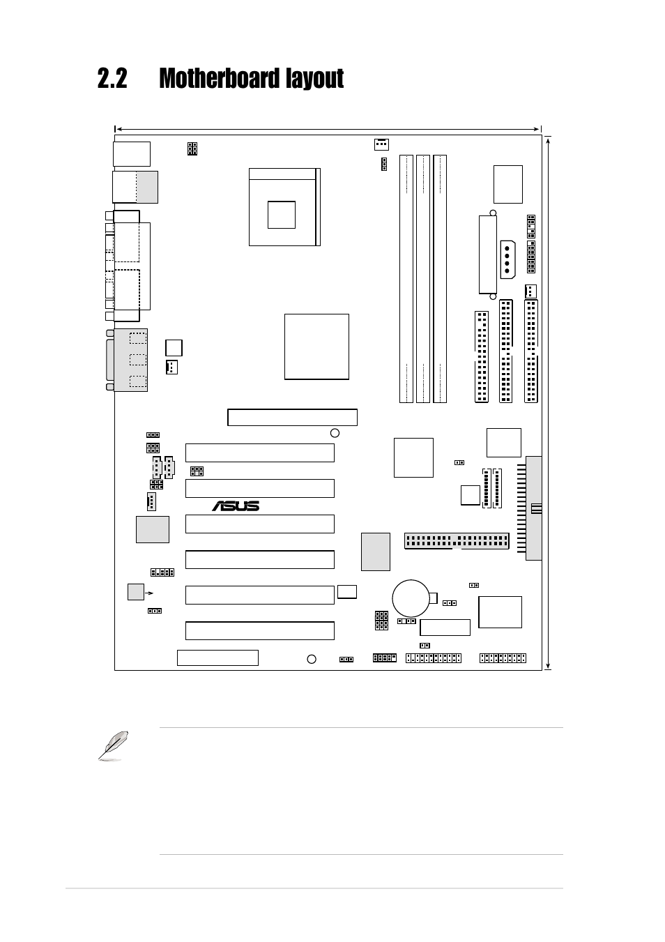 2 motherboard layout, 2 chapter 2: hardware information, Figure 2-2 motherboard layout | Intel 845, P4b-e, Cnr_slot | Asus P4B-E User Manual | Page 24 / 128
