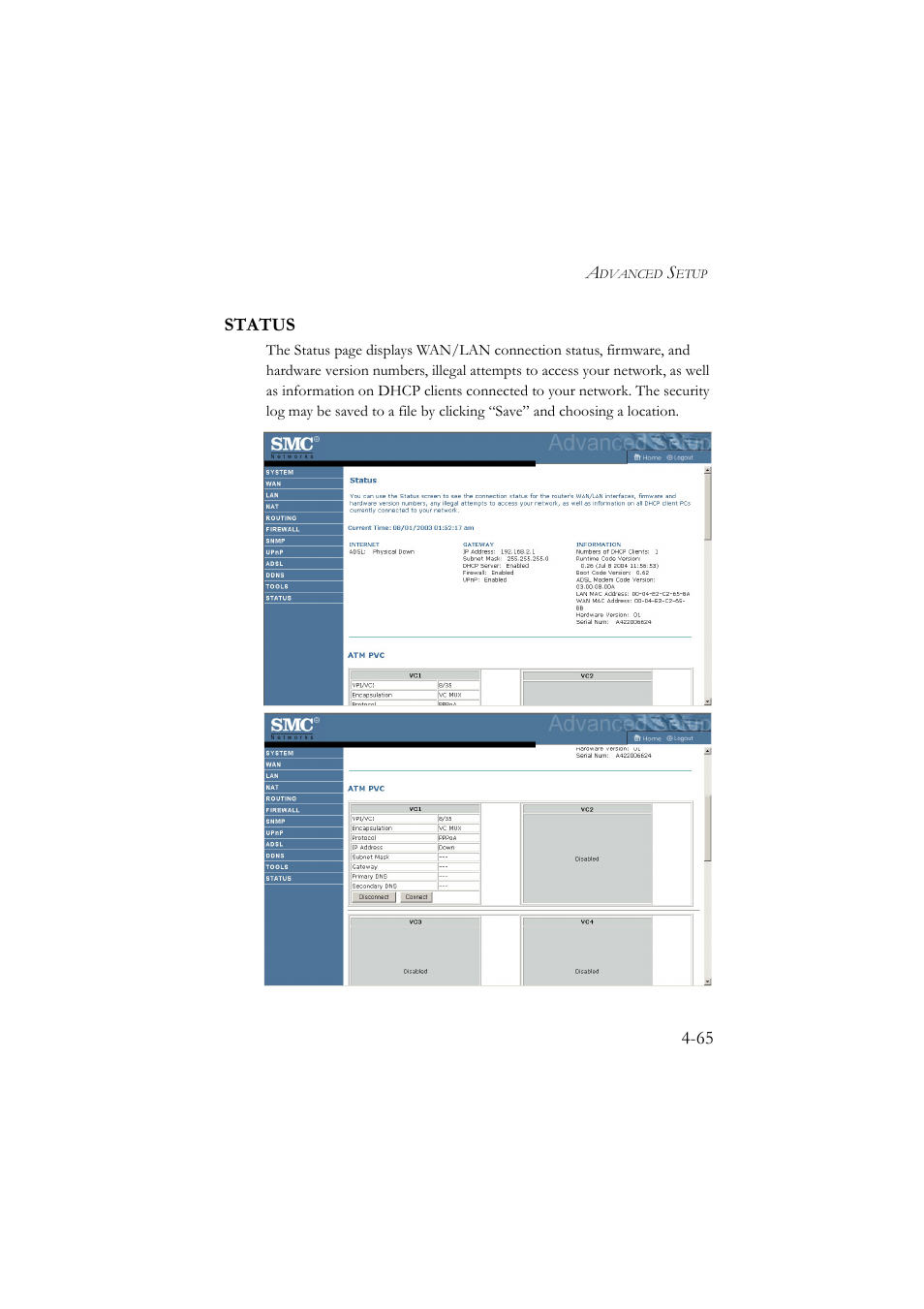 Status, Status -65, 65 status | SMC Networks SMC7904BRA User Manual | Page 110 / 129