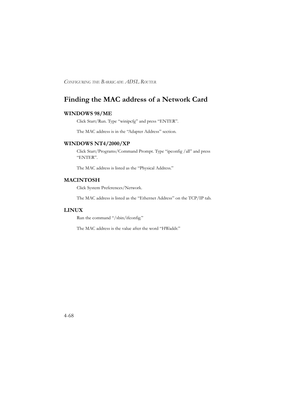 Finding the mac address of a network card, Windows 98/me, Windows nt4/2000/xp | Macintosh, Linux, Finding the mac address of a network card -68 | SMC Networks SMC7904BRA User Manual | Page 113 / 129