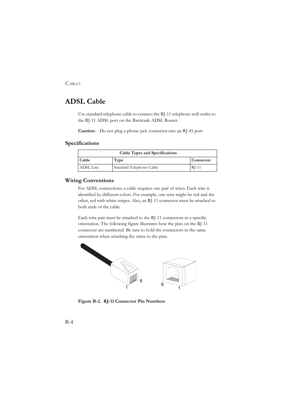 Adsl cable, Specifications, Wiring conventions | SMC Networks SMC7904BRA User Manual | Page 121 / 129