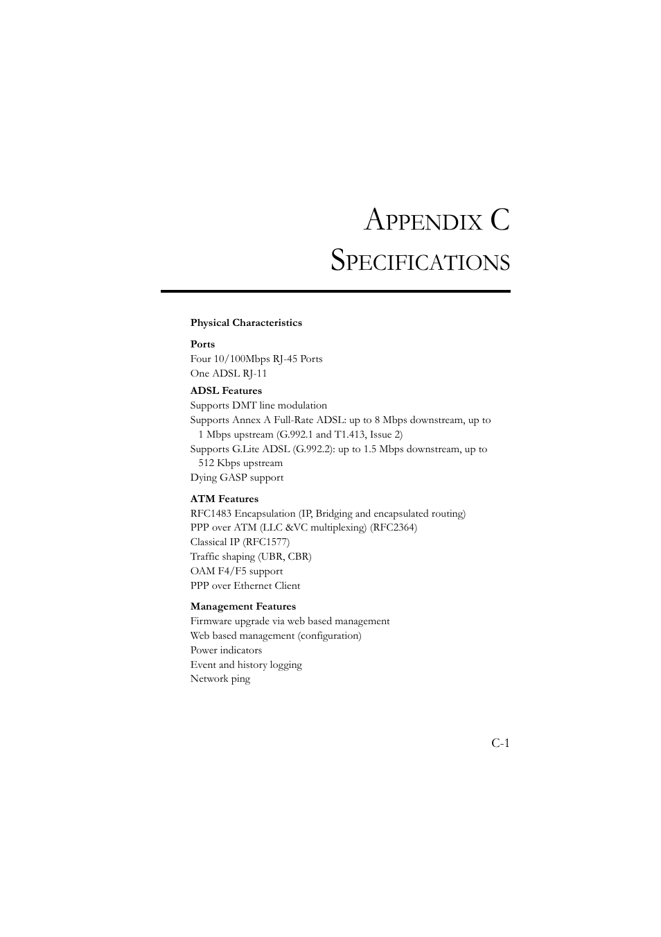 Appendix c specifications, Ppendix, Pecifications | SMC Networks SMC7904BRA User Manual | Page 124 / 129