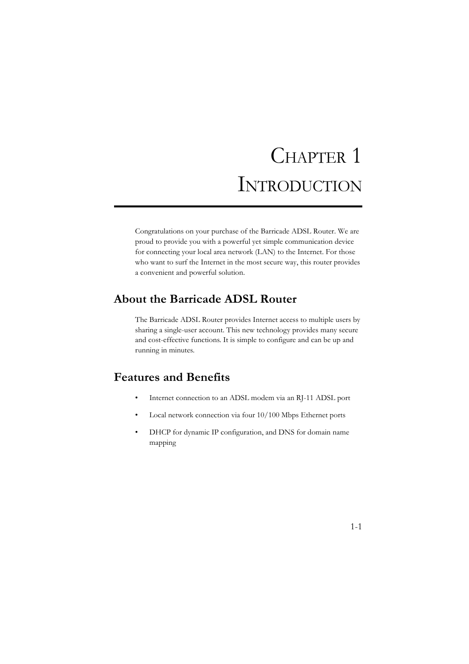 Chapter 1 introduction, About the barricade adsl router, Features and benefits | Introduction -1, Hapter, Ntroduction | SMC Networks SMC7904BRA User Manual | Page 14 / 129