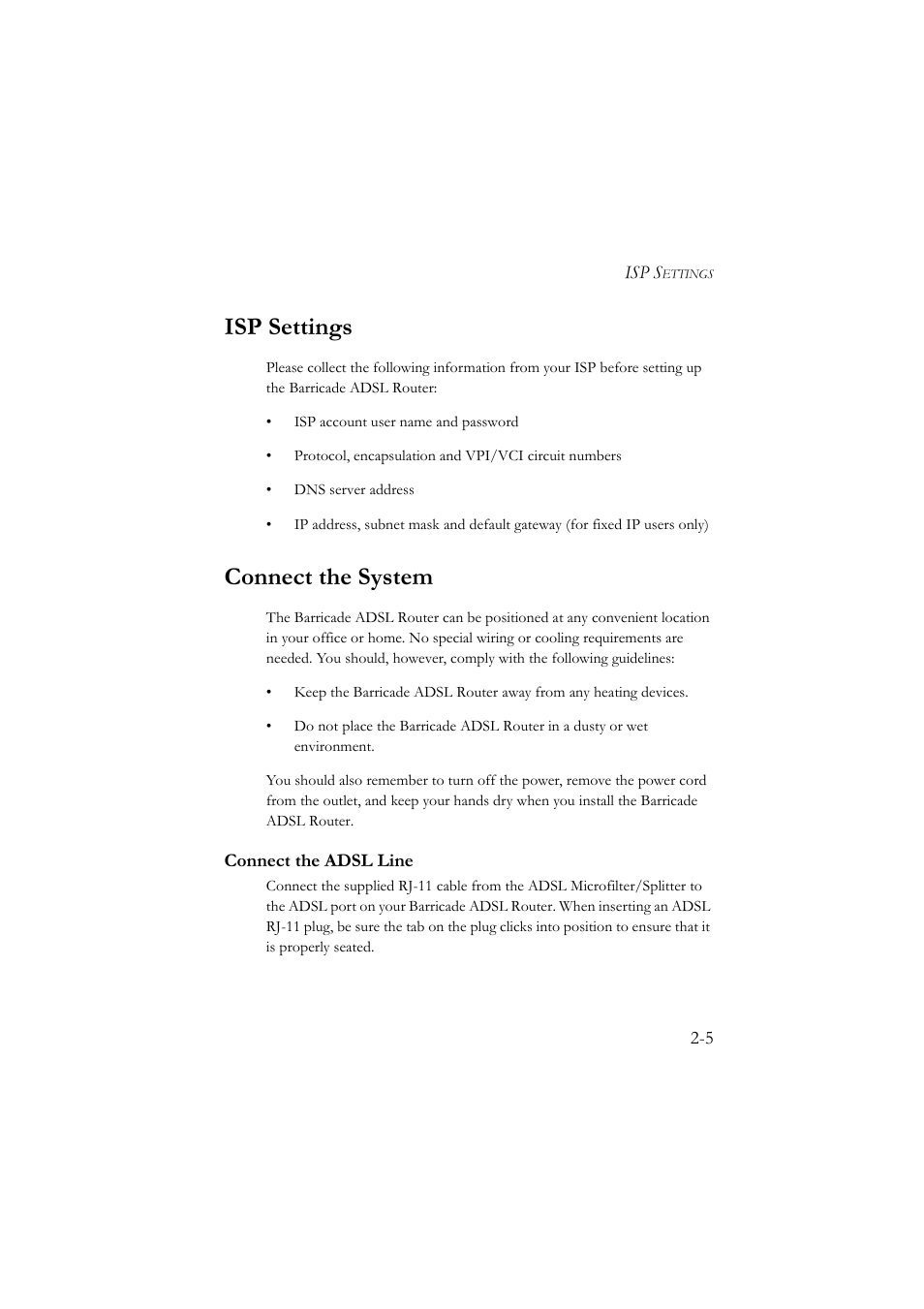 Isp settings, Connect the system, Connect the adsl line | Isp settings -5 connect the system -5, Connect the adsl line -5 | SMC Networks SMC7904BRA User Manual | Page 22 / 129