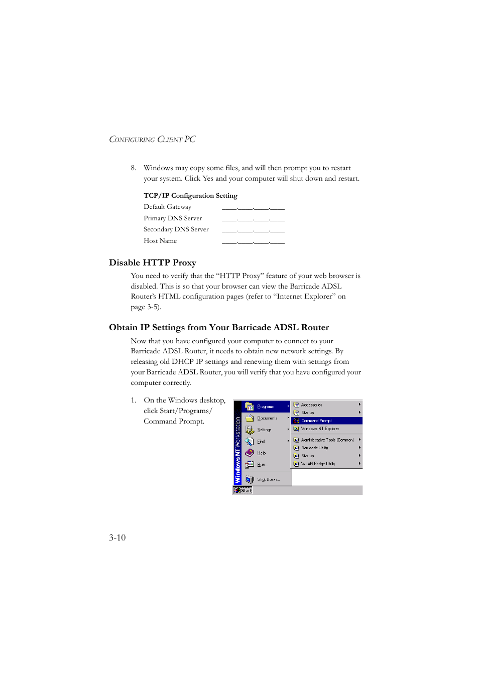 Disable http proxy, Obtain ip settings from your barricade adsl router | SMC Networks SMC7904BRA User Manual | Page 35 / 129