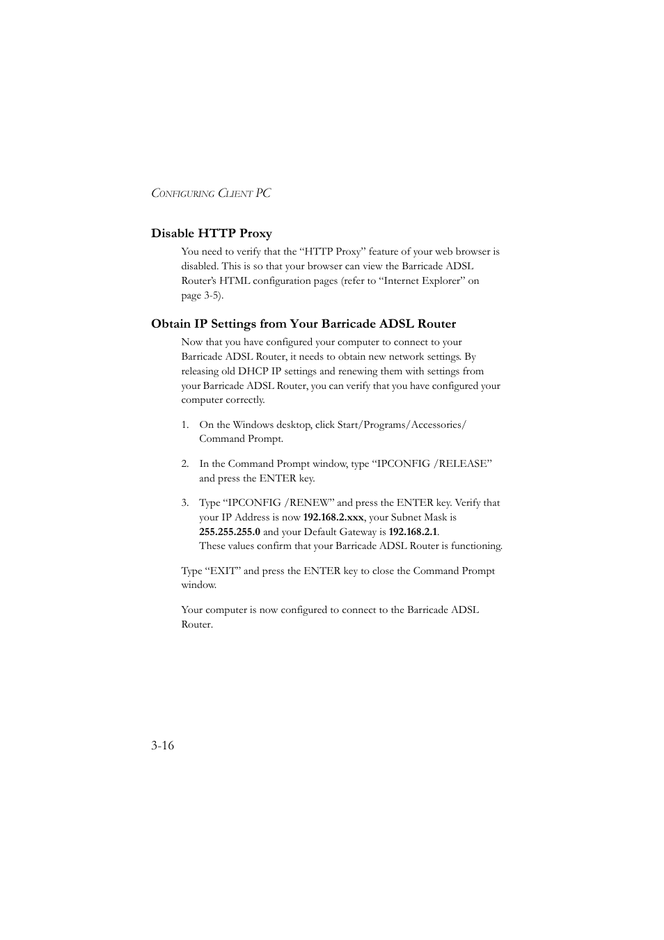 Disable http proxy, Obtain ip settings from your barricade adsl router | SMC Networks SMC7904BRA User Manual | Page 41 / 129