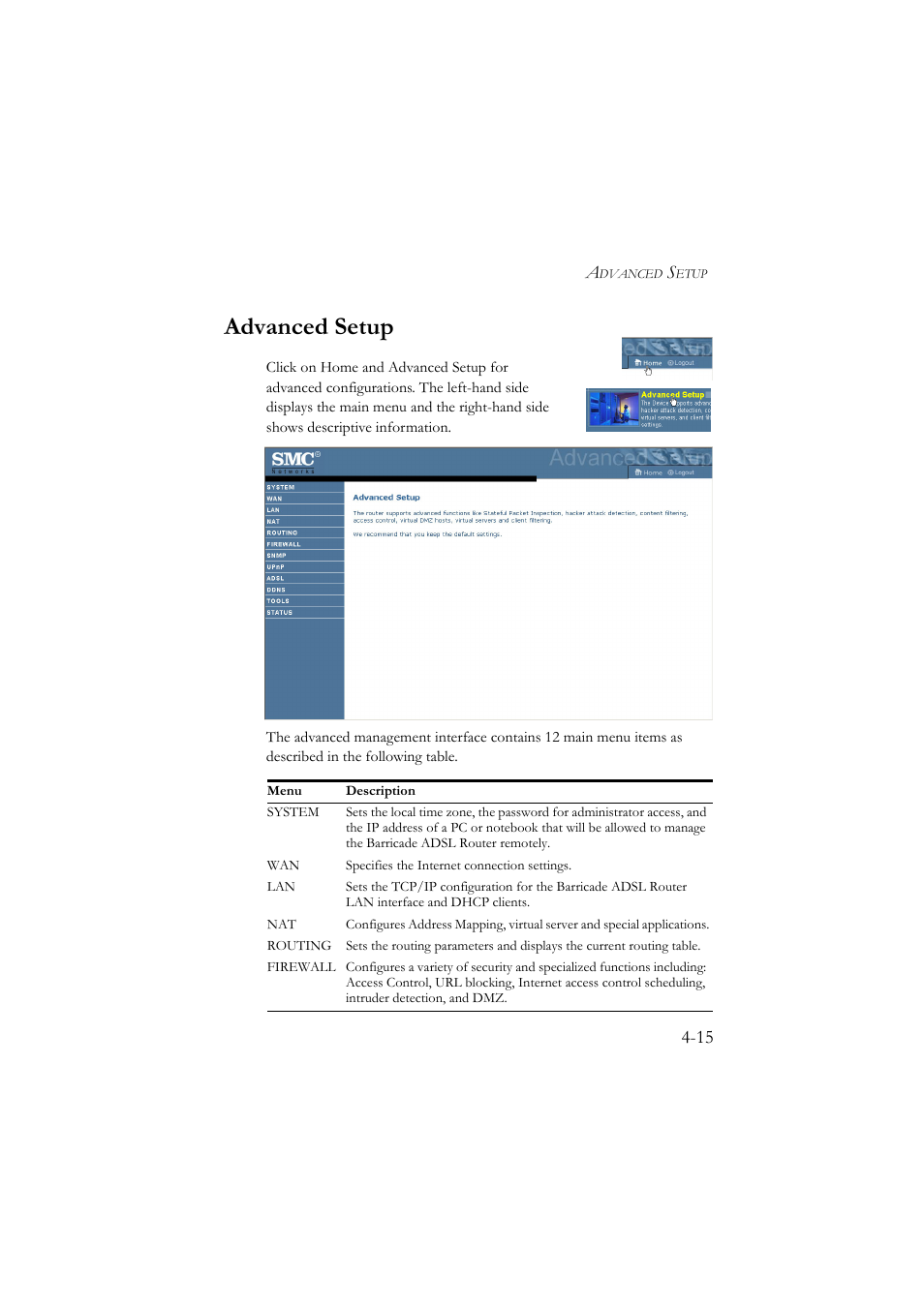 Advanced setup, Advanced setup -15 | SMC Networks SMC7904BRA User Manual | Page 60 / 129