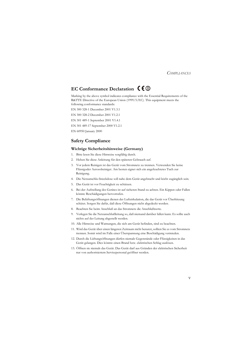 Vec conformance declaration, Safety compliance | SMC Networks SMC7904BRA User Manual | Page 8 / 129