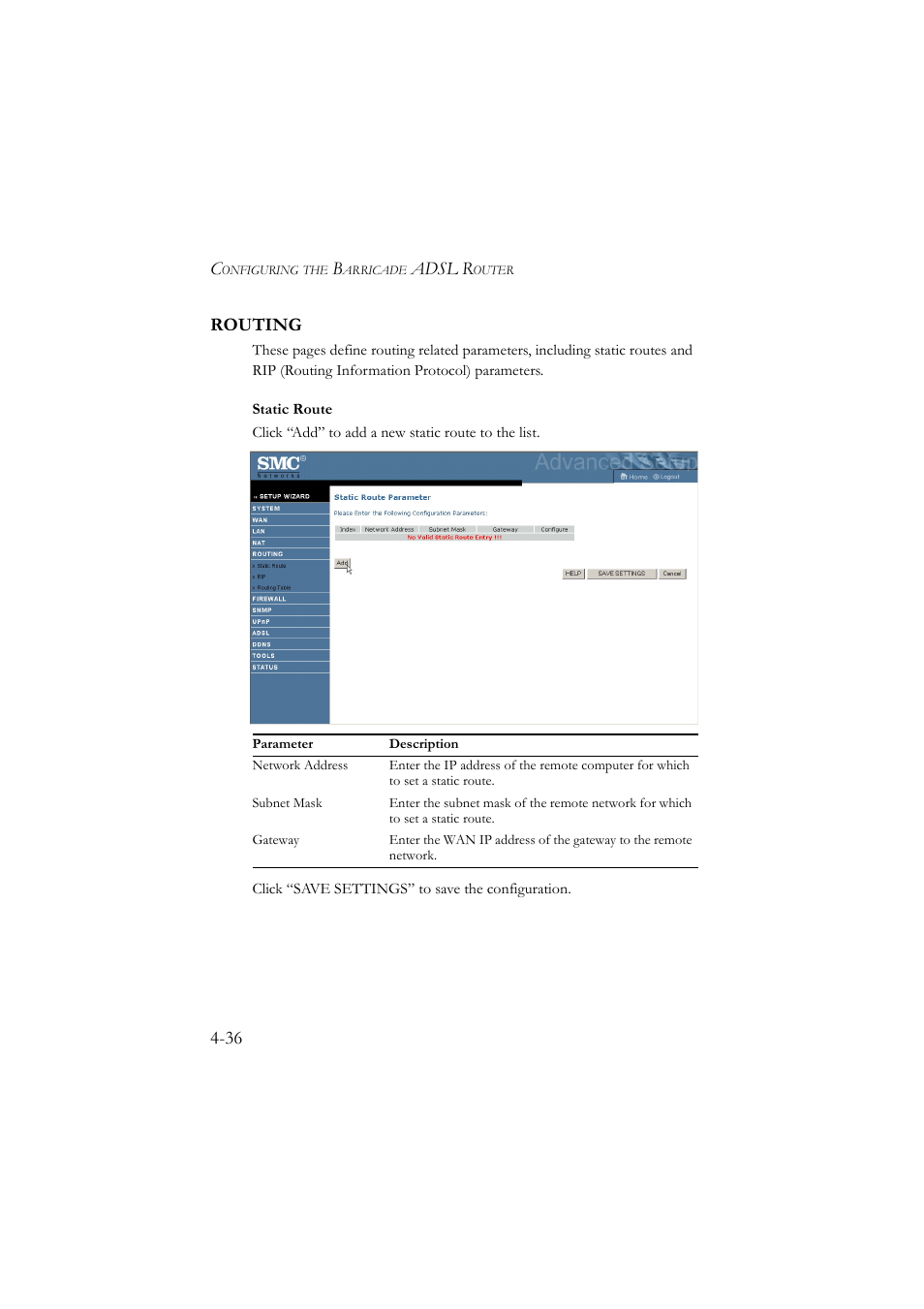 Routing, Routing -36, Adsl r | 36 routing | SMC Networks SMC7904BRA User Manual | Page 81 / 129