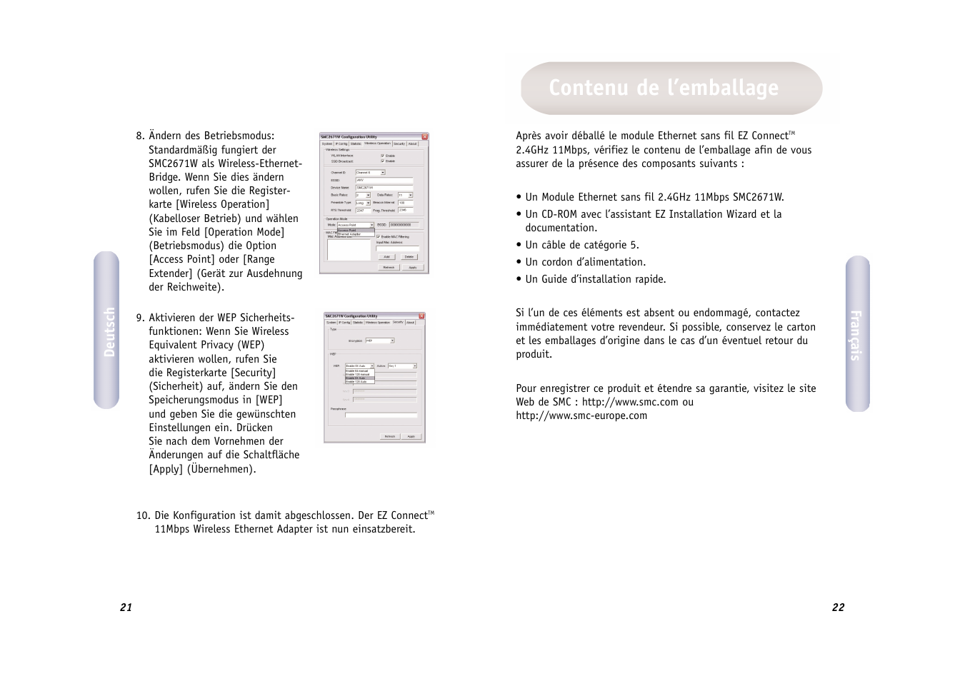 Contenu de l’emballage | SMC Networks WIRELESS ETHERNET ADAPTER SMC2671W User Manual | Page 12 / 44